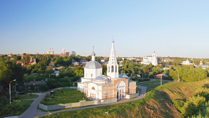 Fototapeta na wymiar Trinity Cathedral, Christian churches of Serpukhov, Beautiful summer aerial footage, cities of Russia