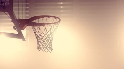 Close-up Shot of a Basketball Net of an Indoor Basketball Court. Shot with Warm Colors. - obrazy, fototapety, plakaty