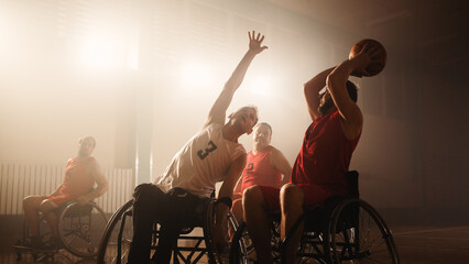 Wheelchair Basketball Game Court: Players Competing, Fighting for the Ball and Shooting it to Score...