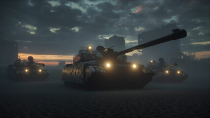War in the ruined city. Military tank in the ruined city. 3d rendering