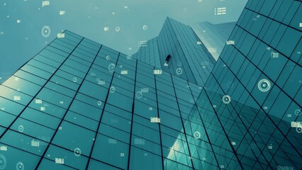 Business data analytic interface fly over smart city showing alteration future of business intelligence. Computer software and artificial intelligence are used to analyze big data for strategic plan .