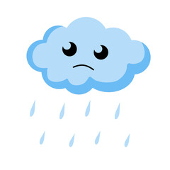 Sad cloud with rain. Kawaii character. Blue object of sky. Symbol of cloudy weather, water drop. Mascot of weather forecast. Flat cartoon