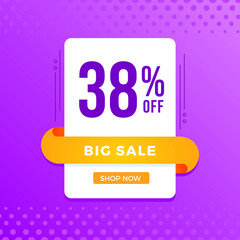38% OFF Sale. Discount price. Marketing Announcement. Discount promotion. Special offer with 38% discount. White emblem on a blue background.