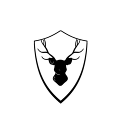  Head of deer on shield. Knight coat of arms with stag. Black silhouette of horned animal. Heraldic symbol © Taras