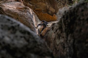 Rock Climber climbing the route Para mis amigos in Suesca Colombia