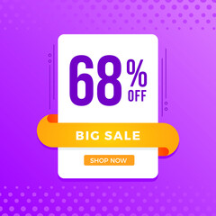 68% OFF Sale. Discount price. Marketing Announcement. Discount promotion. Special offer with 68% discount. White emblem on a blue background.