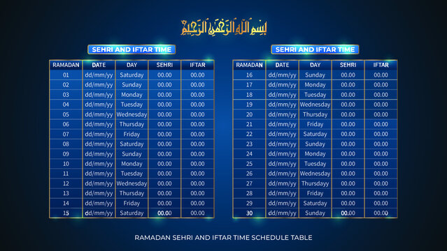 Ramadan Calendar With Sehri And Iftar Time Schedule Table