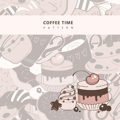 Vector sweets pattern with illustration elements cup, cake, donut and decorations. Brown doodle design.
