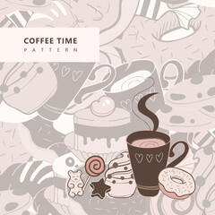 Vector sweets pattern with illustration elements cup, cake, donut and decorations. Brown doodle design.