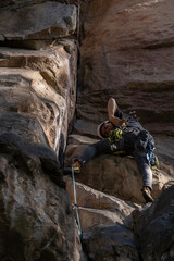 Rock Climber climbing the route Para mis amigos in Suesca Colombia