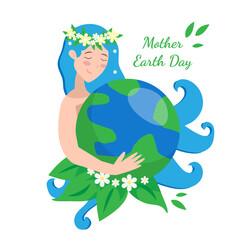 Illustration of Mother Earth Day with a girl hugging earth. Blue hair and a wreath of flowers.