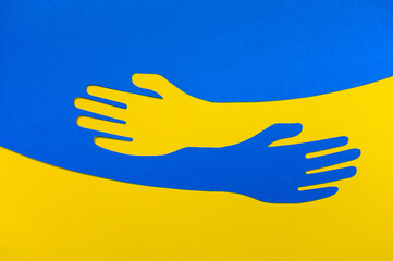 Support for Ukraine. Embrace icon, arms hugging, War in Ukraine, attack from Russia. Papercut, hands hug linear vector logo template. Care, love and charity symbol, hand drawn vector illustration - obrazy, fototapety, plakaty