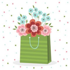 Spring bouquet of pink and blue flowers in a green paper bag. Vector illustration on white background with dots.