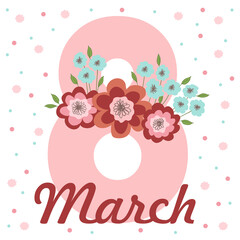 Postcard with flowers and leaves for the holiday on March 8. Female day, mothers day, illustration on a wight background.
