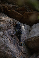 Rock Climber climbing the route Para mis amigos in Suesca Colombia