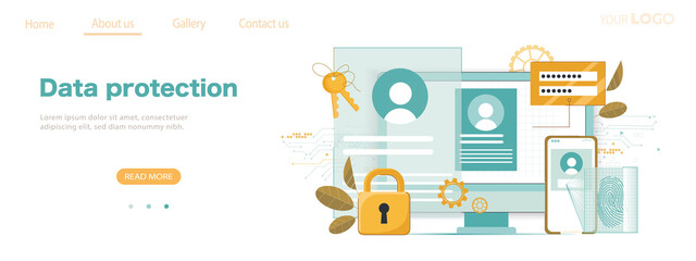 Data protection. Cyber and database security, cyberattacks, credit card verification, software access data as confidential. Protection system concept, online security server. Flat vector illustration.
