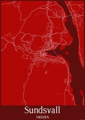 Red map of Sundsvall Sweden.