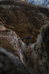 Rock Climber climbing the route Para mis amigos in Suesca Colombia