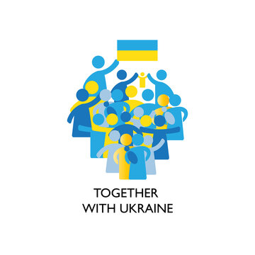 Together with Ukraine. A simple illustration with people in the form of icons, symbols showing solidarity with Ukraine and asking for help. No war