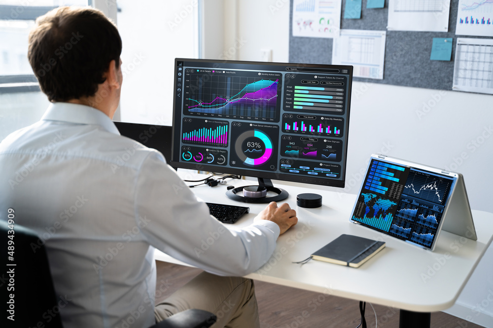 Poster businessman using analytics data kpi dashboard
