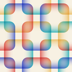 Abstract multicolored seamless pattern of overlapping transparent squares with rounded corners with multicolored gradient fill. Vector illustration.