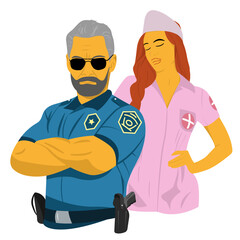Policeman and nurse vector illustration. Brutal officer in sunglasses with sexy woman in medical clothing.