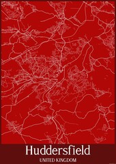 Red map of Huddersfield United Kingdom.