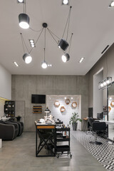 Modern interior of the beauty salon which consist of nail salon and barbershop. - obrazy, fototapety, plakaty