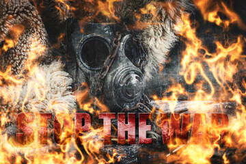 Stop the wa. Russia against Ukraine. War concept with Military gas mask burning in flames...