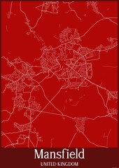 Red map of Mansfield United Kingdom.