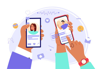 Dating service app. Hands holding smartphone with male and female profiles. Virtual relationships, acquaintance in social network. Modern youth is looking for a couple. Flat vector illustration