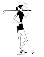 Young golfer woman on the golf course isolated illustration. Young golfer woman aiming to do a good kick black on white illustration