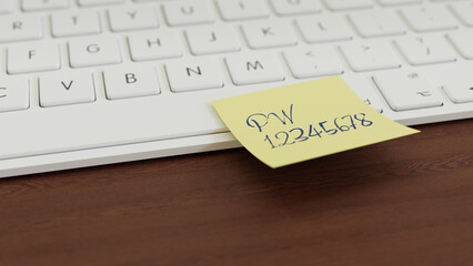 Information Security Concept: A yellow note with a simple password attached to a keyboard.