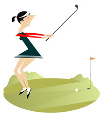 Young golfer woman on the golf course illustration. Pretty golfer woman with a golf club tries to do a good kick isolated on white