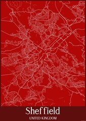 Red map of Sheffield United Kingdom.