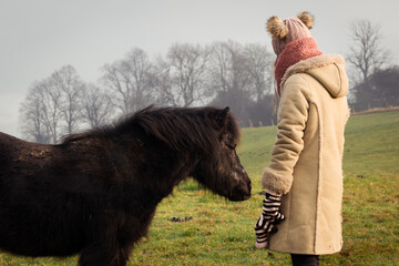 Teenage girl on hike in cold weather with black shetland pony in rural countryside