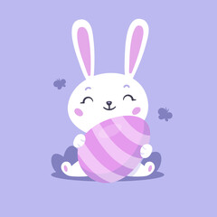 Cute kawaii Easter bunny holding an egg flat vector cartoon illustration