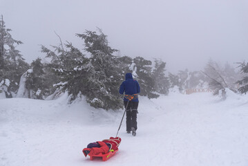 Beautiful winter panorama, Karkonosze mountains with people