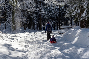 Beautiful winter panorama with people, Karkonosze mountains