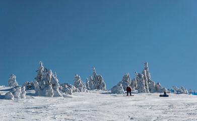 Beautiful winter panorama with snowboarders, Karkonosze mountains