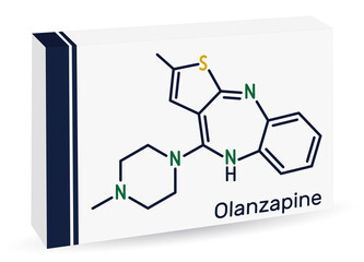 Olanzapine molecule. It is atypical antipsychotic drug for the treatment of schizophrenia, bipolar disorder. Skeletal chemical formula. Paper packaging for drugs