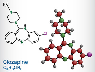 Clozapine molecule. It is dibenzodiazepine, atypical antipsychotic, neuroleptic. Used in treatment resistant schizophrenia. Structural chemical formula and molecule model.