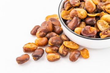 Crispy broad beans on white background