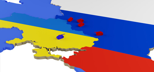 Conflict on the border of Ukraine with Russia - war with tanks deployed on both sides of the conflict