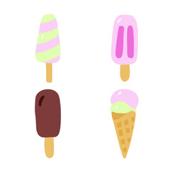 Ice creame dessert set. Cute cartoon vector illustration. Hnad drawn popsicle, ice cream, chocolate