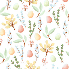 Watercolor seamless pattern with eggs, spring leaves and branches in pastele colors