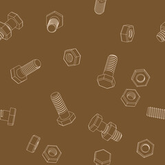 Seamless pattern with contour bolts and nuts on a brown background. Isometric 3D vector illustration. For repair service, technical support, tool shop or others.