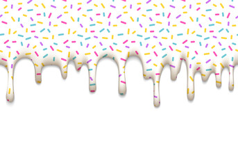 Vector Illustration with Dripping White Glaze Isolated on White Background. Sweet Seamless Border with Pattern.