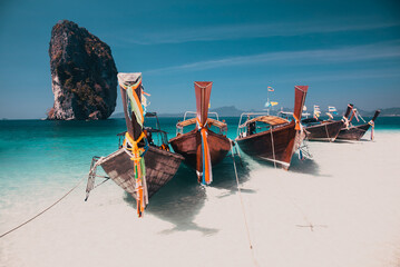 thailand ocean landscape. Exotic beach view and traditional ship - obrazy, fototapety, plakaty