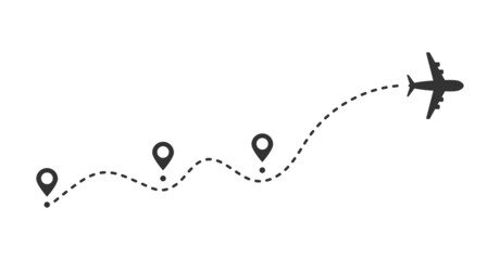 Plane dotted line path with location pins vector illustration